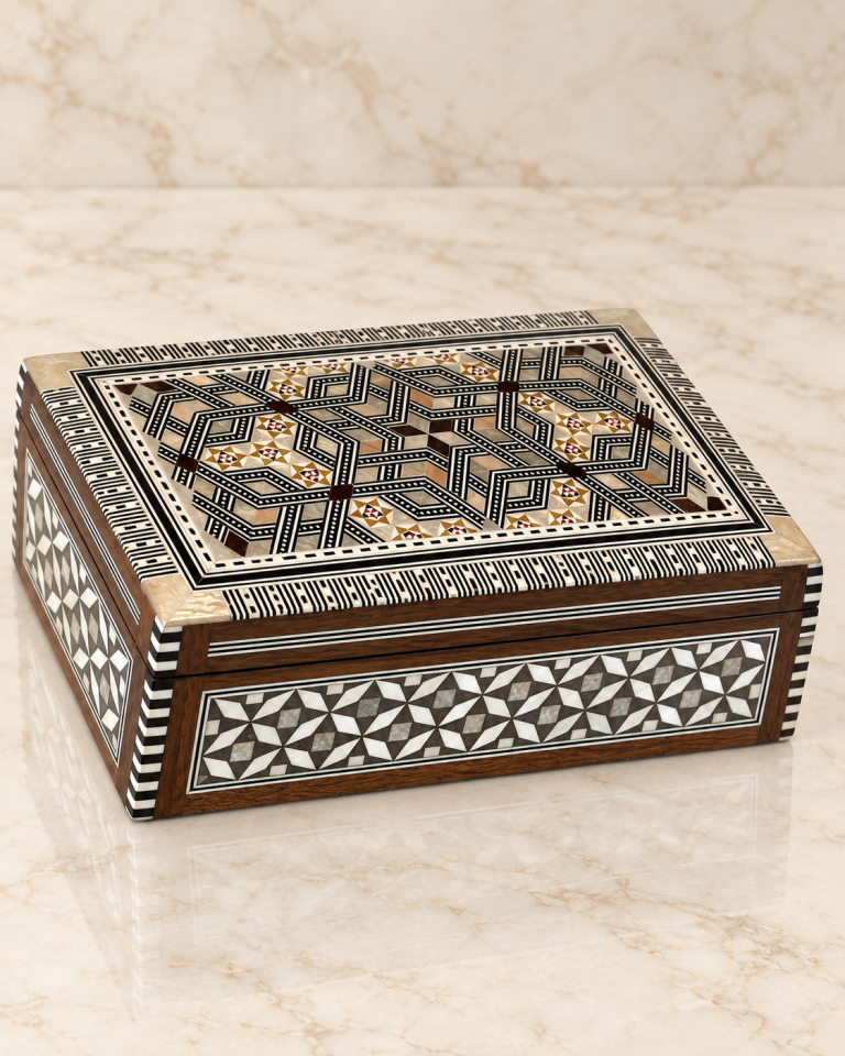 Geometrik Mozaik Desenli Dikdörtgen Ahşap Sandık Kutu