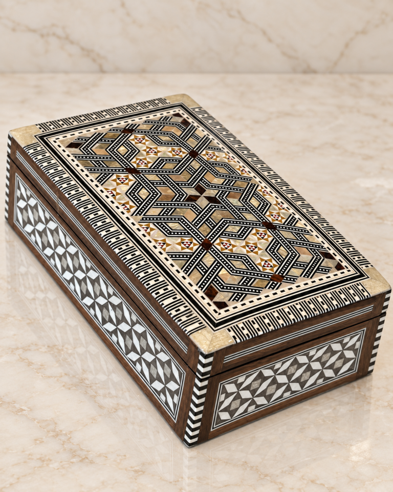 Geometrik Mozaik Desenli Dikdörtgen Ahşap Sandık Kutu