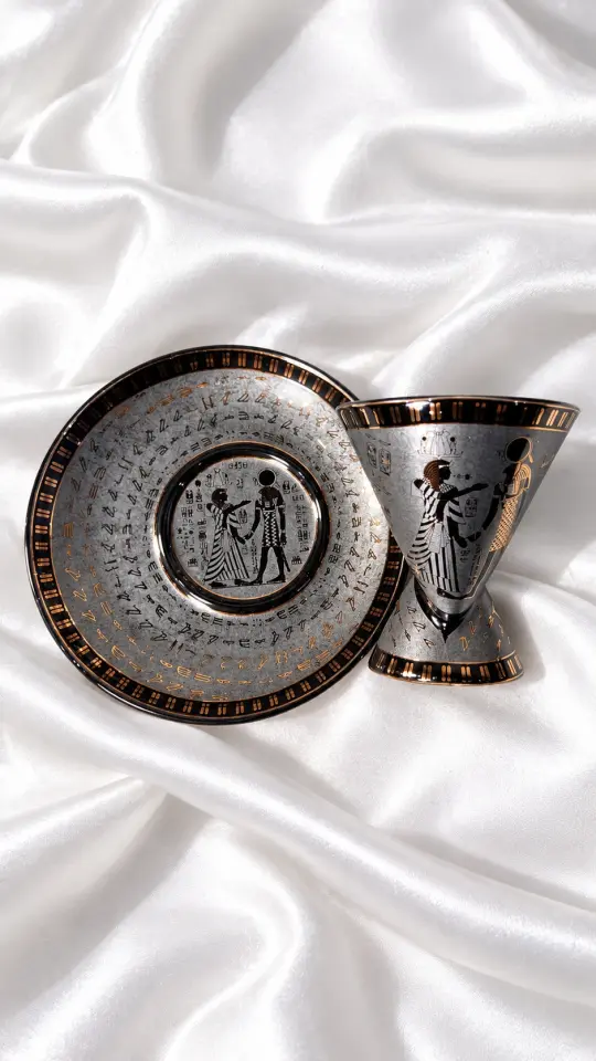 Antik Mısır Tanrı ve Firavun Figürlü Çift Yönlü Kahve Fincan Seti - Silver Siyah Detaylı