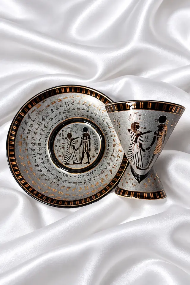 Antik Mısır Tanrı ve Firavun Figürlü Çift Yönlü Kahve Fincan Seti - Silver Siyah Detaylı