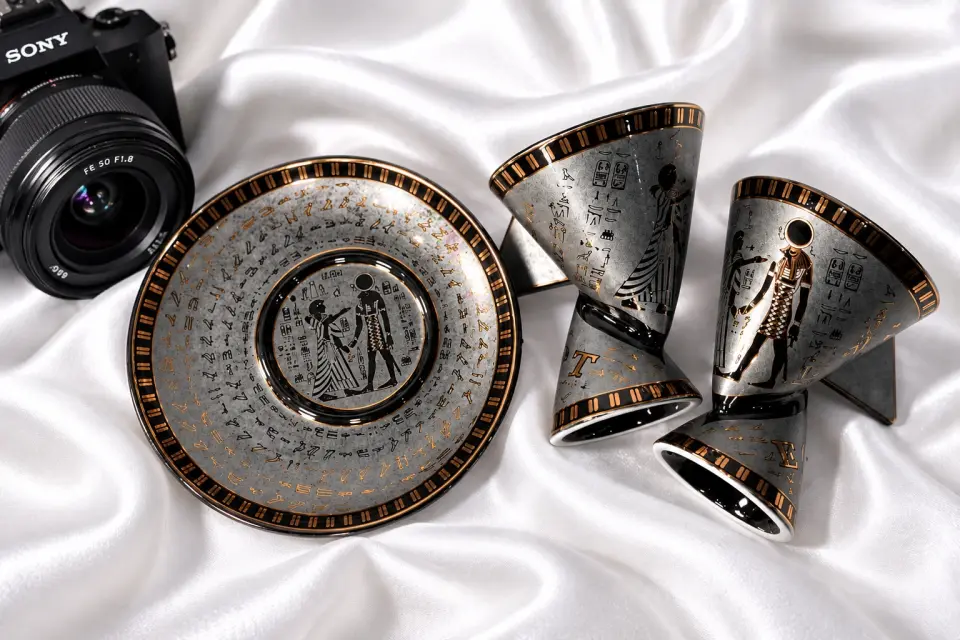 Antik Mısır Tanrı ve Firavun Figürlü Çift Yönlü Kahve Fincan Seti - Silver Siyah Detaylı