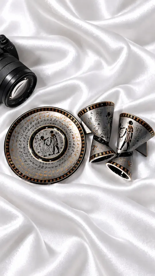 Antik Mısır Tanrı ve Firavun Figürlü Çift Yönlü Kahve Fincan Seti - Silver Siyah Detaylı