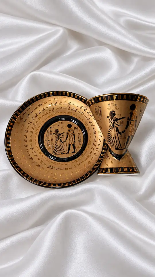 Antik Mısır Tanrısı ve Firavun Figürlü Çift Yönlü Kahve Fincan Seti - Bronz Gold Siyah