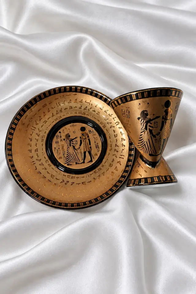 Antik Mısır Tanrısı ve Firavun Figürlü Çift Yönlü Kahve Fincan Seti - Bronz Gold Siyah