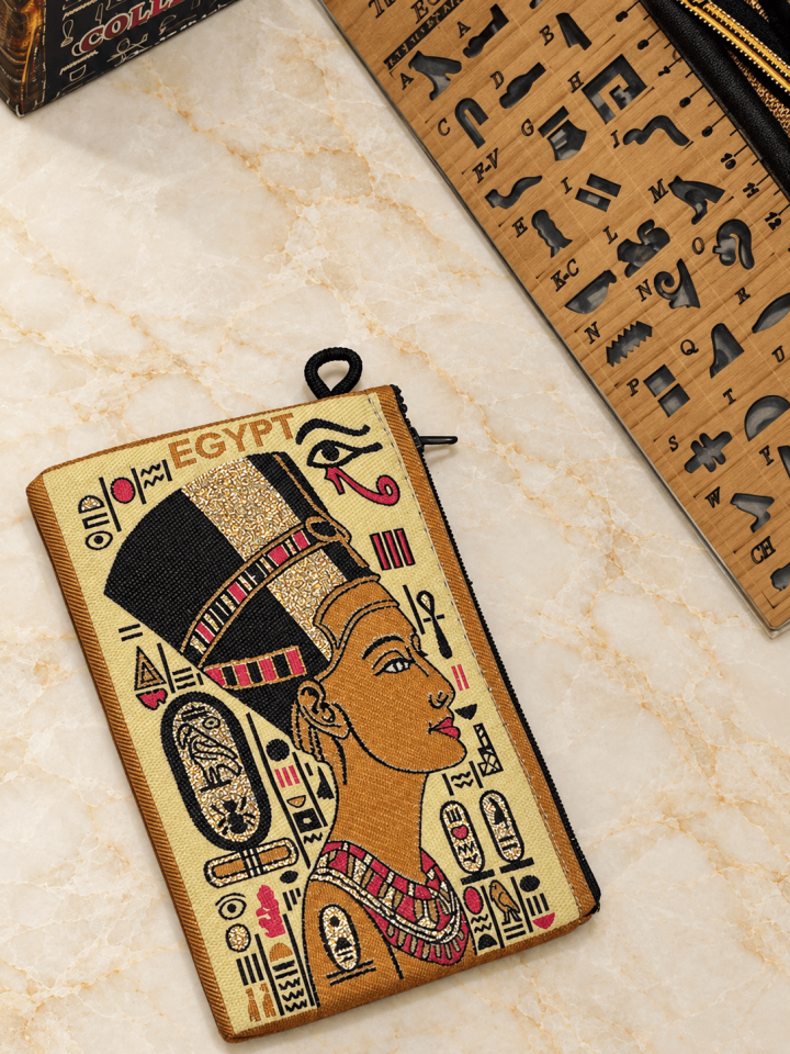 Nefertiti Portre Desenli Fermuarlı Kese Çanta