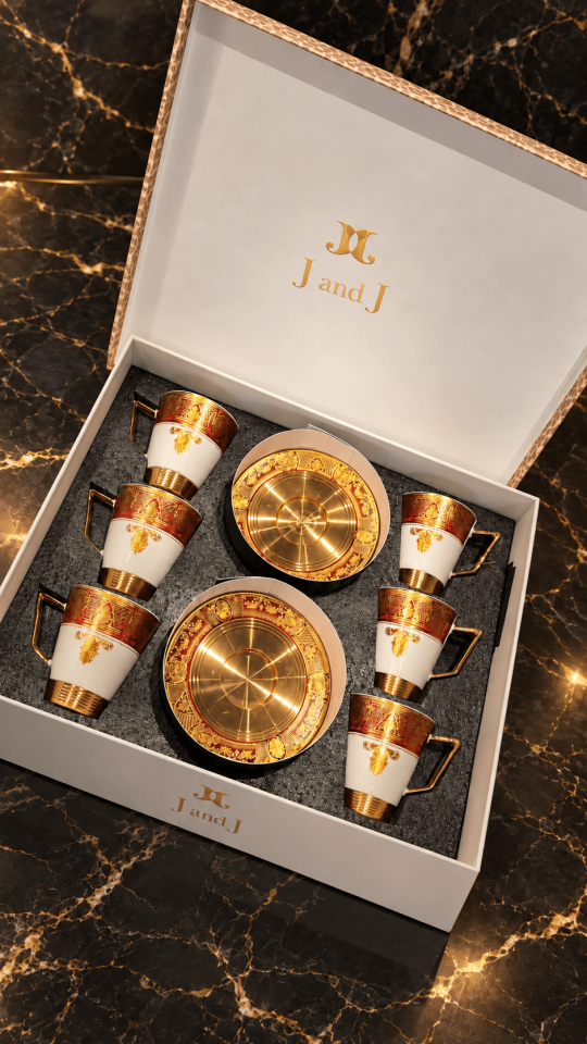J And J Lüks Özel Tasarım Kırmızı-Altın Desenli Kahve Fincanı Takımı - 6 Kişilik