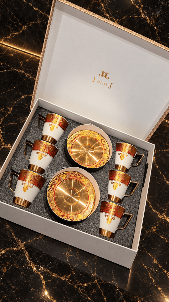 J And J Lüks Özel Tasarım Kırmızı-Altın Desenli Kahve Fincanı Takımı - 6 Kişilik