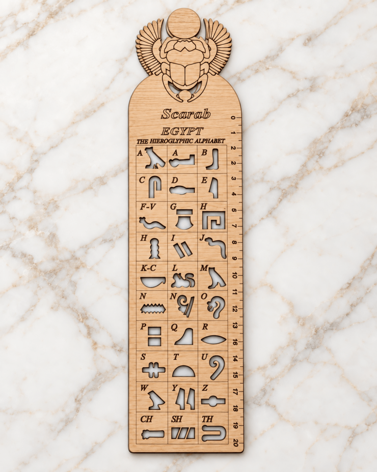 Antik Mısır Hiyeroglif Harf Oymalı Cetvel Kitap Ayracı - Açık Doğal Ahşap SCARAB