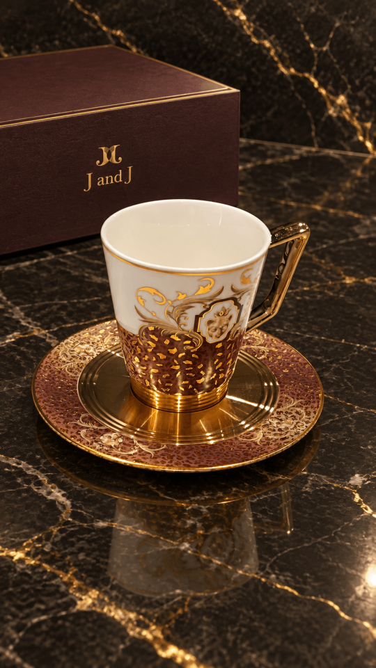 J And J Lüks Özel Tasarım Leopar-Altın Desenli Kahve Fincanı Takımı - 6 Kişilik