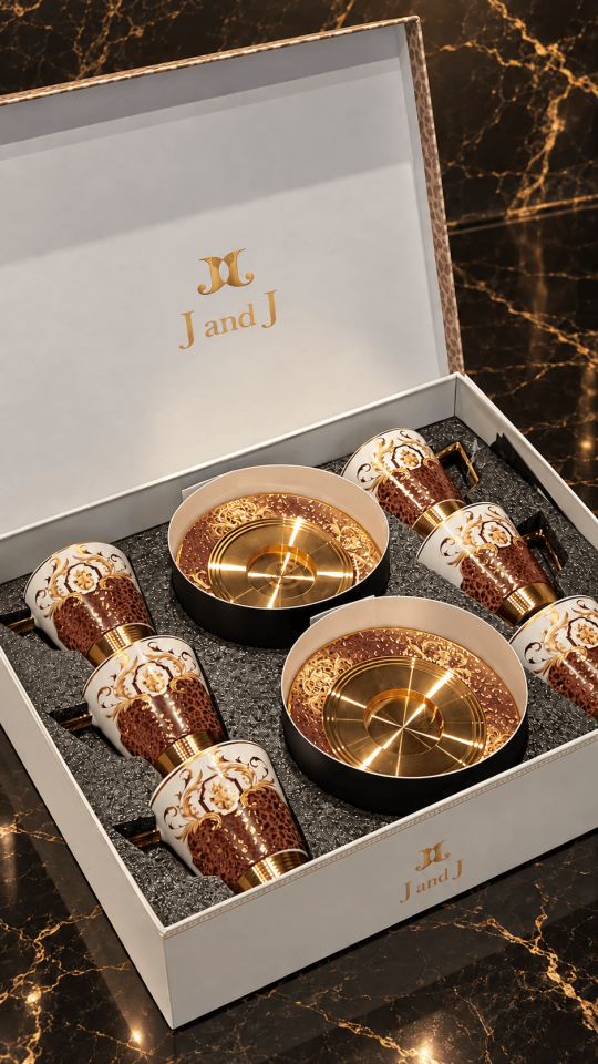 J And J Lüks Özel Tasarım Leopar-Altın Desenli Kahve Fincanı Takımı - 6 Kişilik