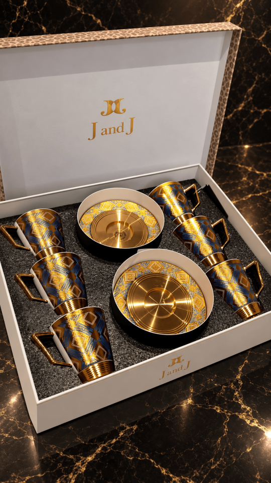 J And J Lüks Özel Tasarım Mavi-Altın Desenli Kahve Fincanı Takımı - 6 Kişilik