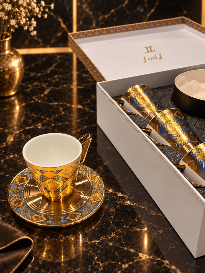 J And J Lüks Özel Tasarım Mavi-Altın Desenli Kahve Fincanı Takımı - 6 Kişilik