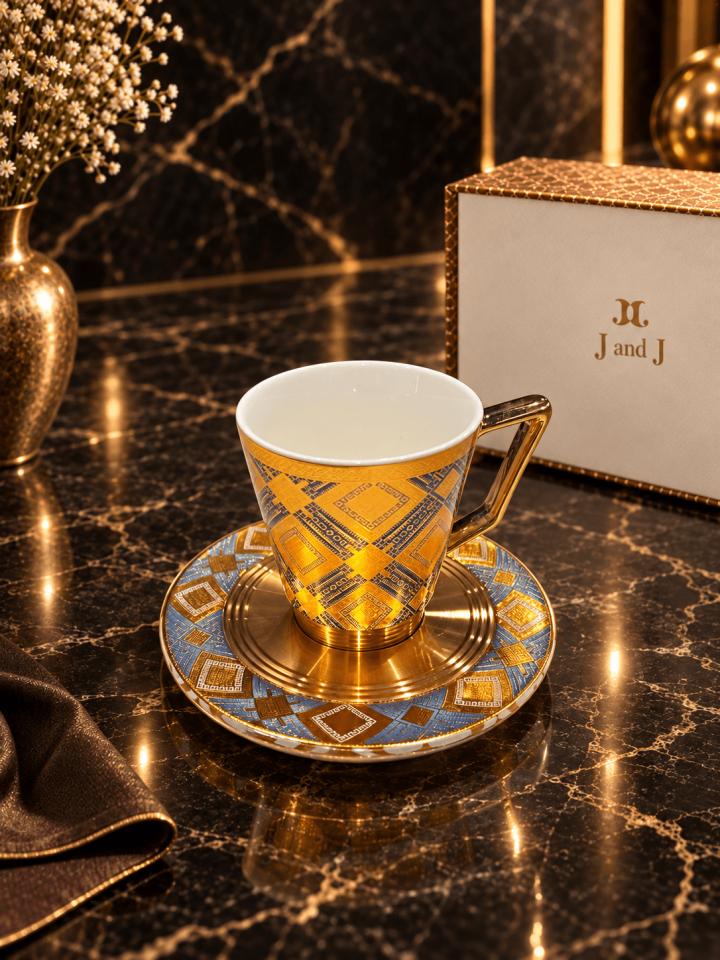 J And J Lüks Özel Tasarım Mavi-Altın Desenli Kahve Fincanı Takımı - 6 Kişilik