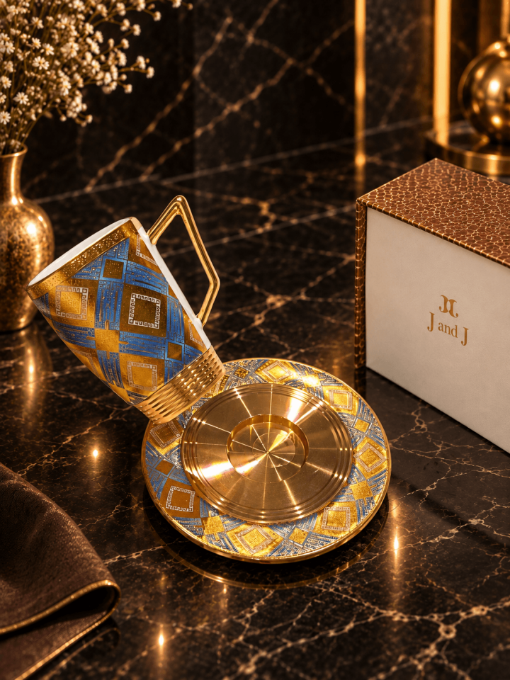 J And J Lüks Özel Tasarım Mavi-Altın Desenli Kahve Fincanı Takımı - 6 Kişilik