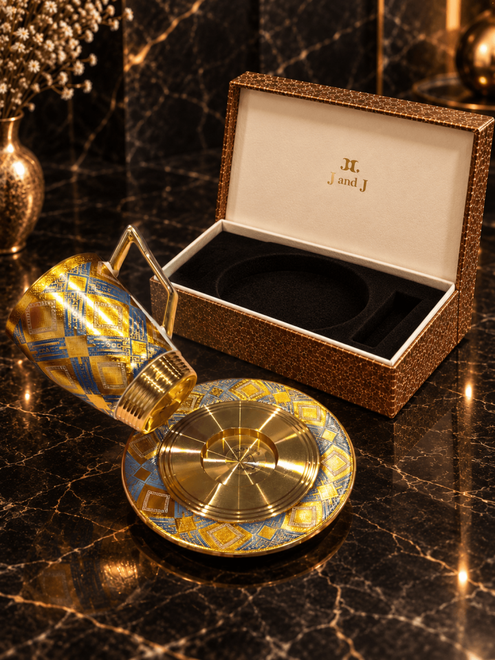 J And J Lüks Özel Tasarım Mavi-Altın Desenli Kahve Fincanı Takımı - 6 Kişilik