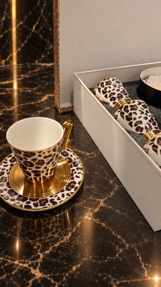 J and J Lüks Klasik Leopar Desenli Altın Yaldızlı Porselen Kahve Fincanı Takımı – 6 Kişilik