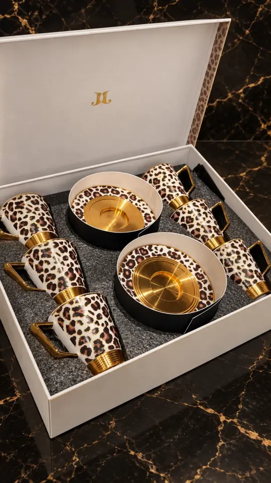 J and J Lüks Klasik Leopar Desenli Altın Yaldızlı Porselen Kahve Fincanı Takımı – 6 Kişilik