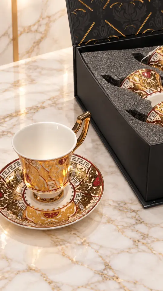 24K Altın Kaplama Lüks Barok Motifli Porselen Kahve Fincanı Takımı –  6 Kişilik