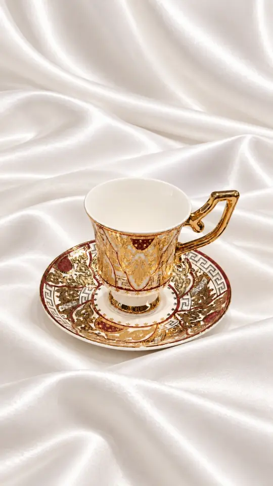 24K Altın Kaplama Lüks Barok Motifli Porselen Kahve Fincanı Takımı –  6 Kişilik