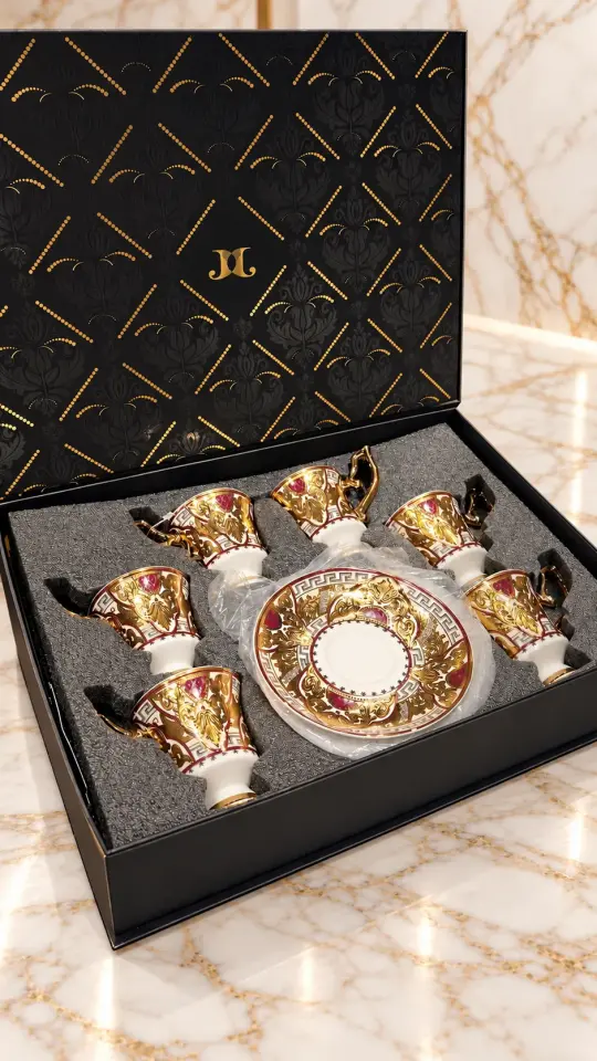 24K Altın Kaplama Lüks Barok Motifli Porselen Kahve Fincanı Takımı –  6 Kişilik