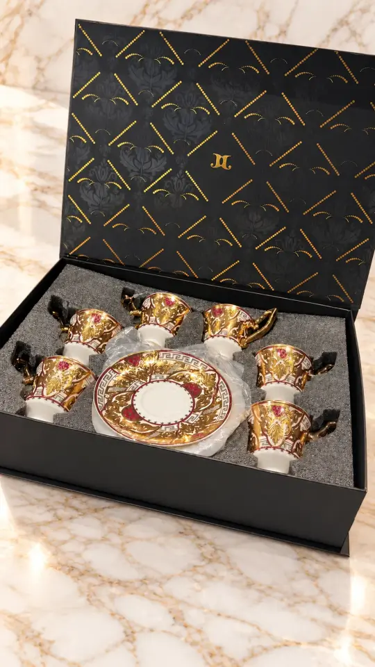 24K Altın Kaplama Lüks Barok Motifli Porselen Kahve Fincanı Takımı –  6 Kişilik