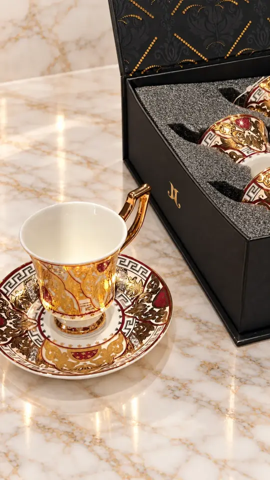 24K Altın Kaplama Lüks Barok Motifli Porselen Kahve Fincanı Takımı –  6 Kişilik