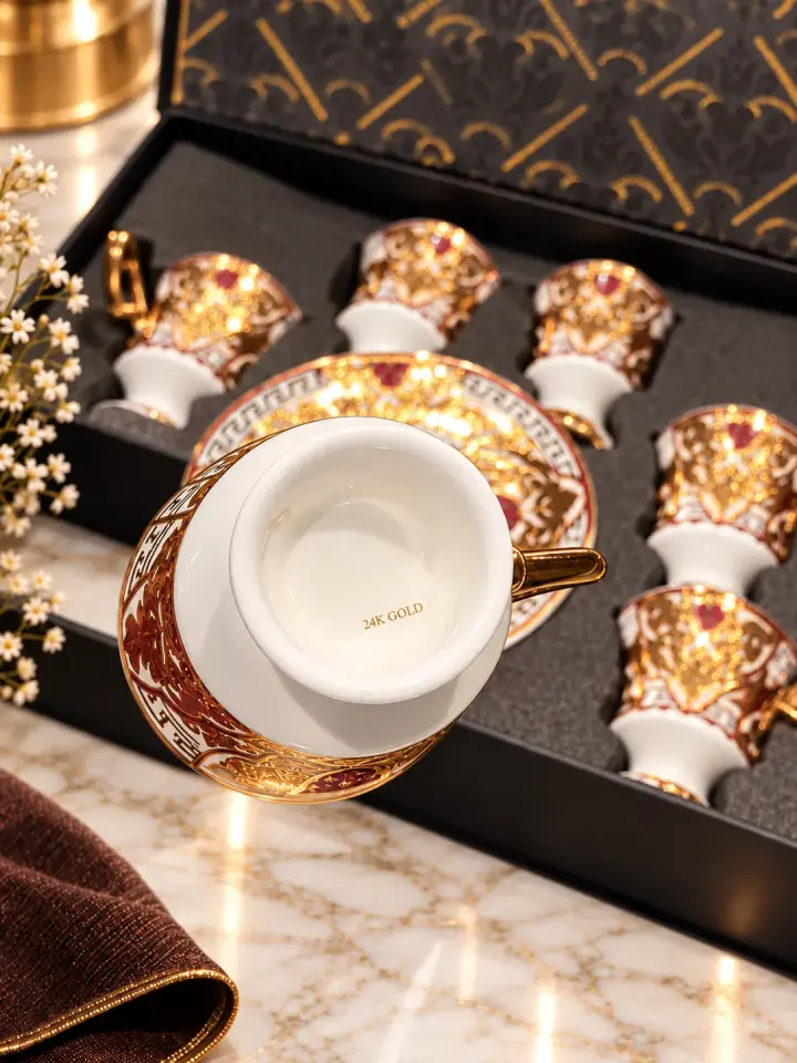 24K Altın Kaplama Lüks Barok Motifli Porselen Kahve Fincanı Takımı –  6 Kişilik