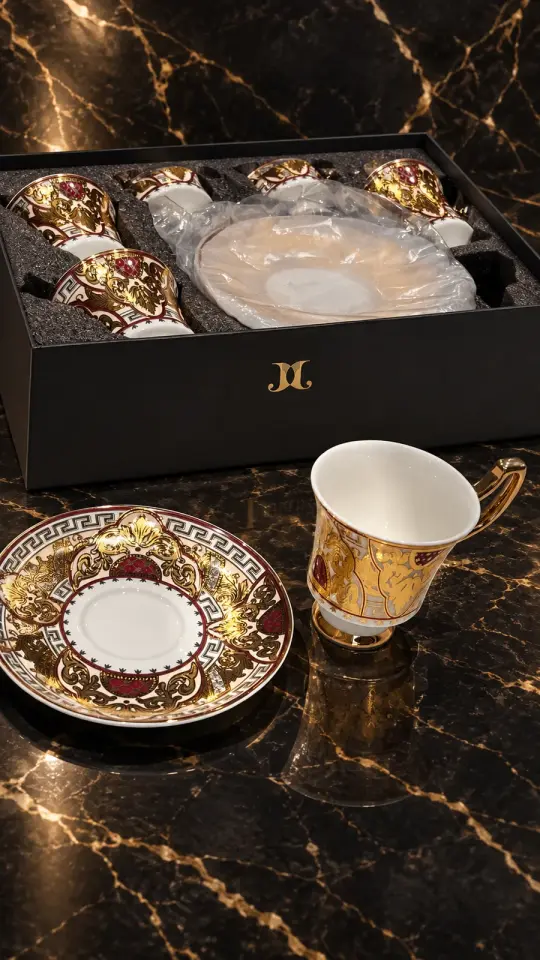 J And J 24K Altın Kaplama Lüks Barok Motifli Porselen Kahve Fincanı Takımı –  6 Kişilik