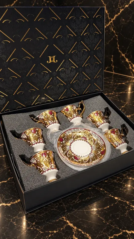 J And J 24K Altın Kaplama Lüks Barok Motifli Porselen Kahve Fincanı Takımı –  6 Kişilik