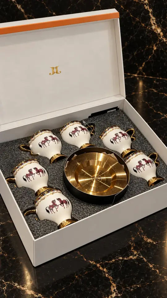 J And J Lüks At Figürlü Altın Yaldızlı Porselen Kahve Fincanı Takımı – 6 Kişilik
