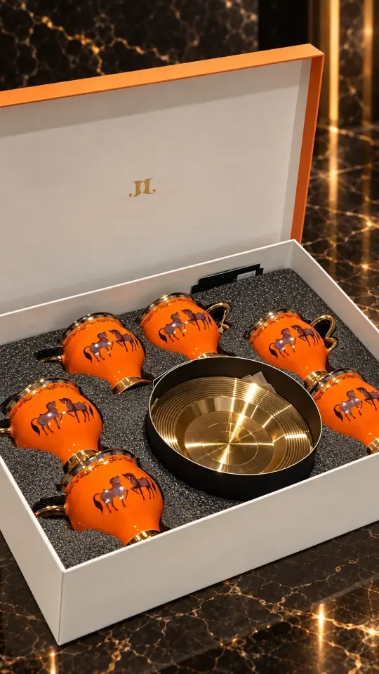 J And J Lüks Turuncu At Figürlü Altın Yaldızlı Porselen Kahve Fincanı Takımı – 6 Kişilik
