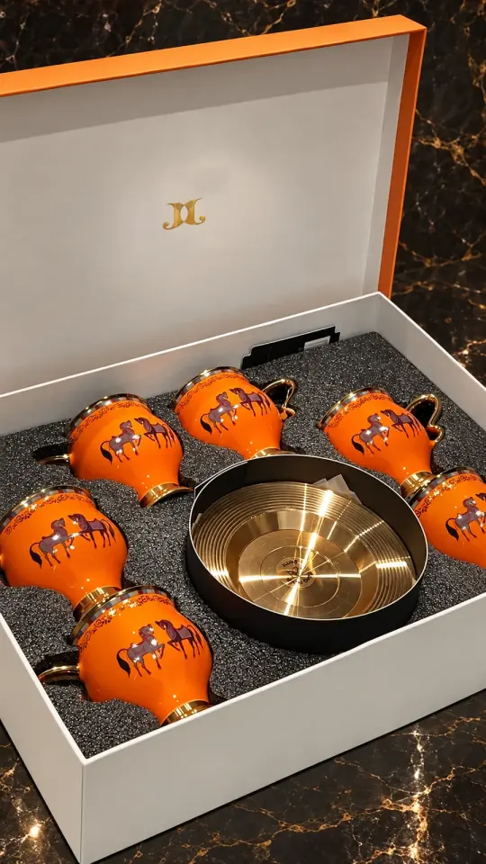 J And J Lüks Turuncu At Figürlü Altın Yaldızlı Porselen Kahve Fincanı Takımı – 6 Kişilik