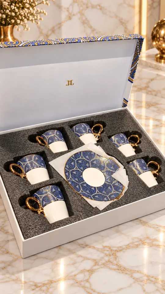 Lüks Sarmal Mozaik Desenli Lacivert Altın Yaldızlı Porselen Kahve Fincanı Takımı – 6 Kişilik