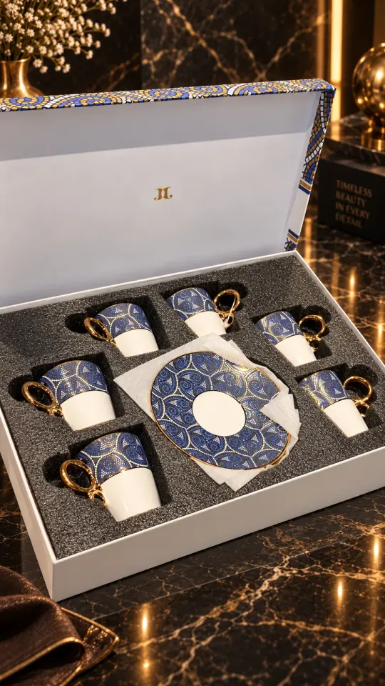 J And J Lüks Sarmal Mozaik Desenli Lacivert Altın Yaldızlı Porselen Kahve Fincanı Takımı – 6 Kişilik