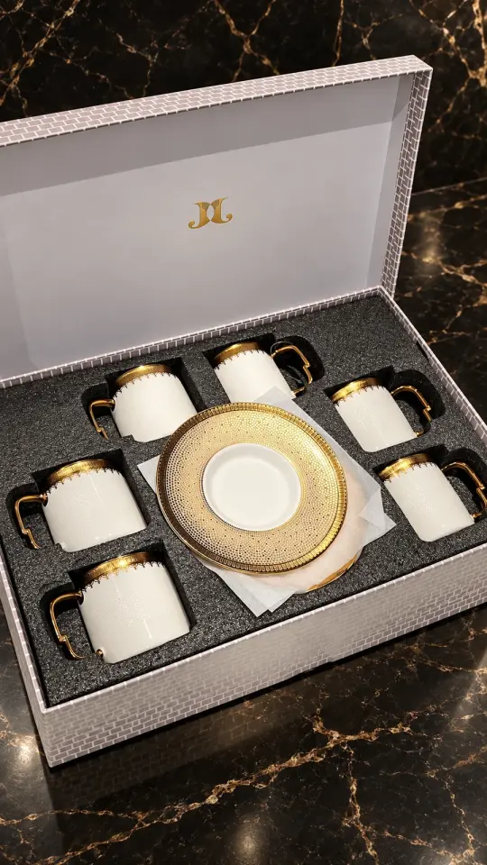 J And J Lüks Kırık Mozaik Desenli Altın Yaldızlı Porselen Kahve Fincanı Takımı – 6 Kişilik