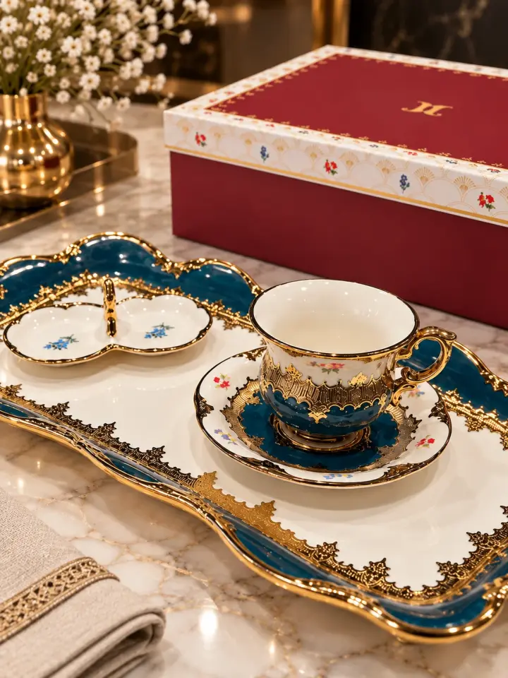 Turkuaz-Altın Yaldızlı Porselen Tepsili ve Lokumluklu Lüks Fincan Seti –  2 Kişilik