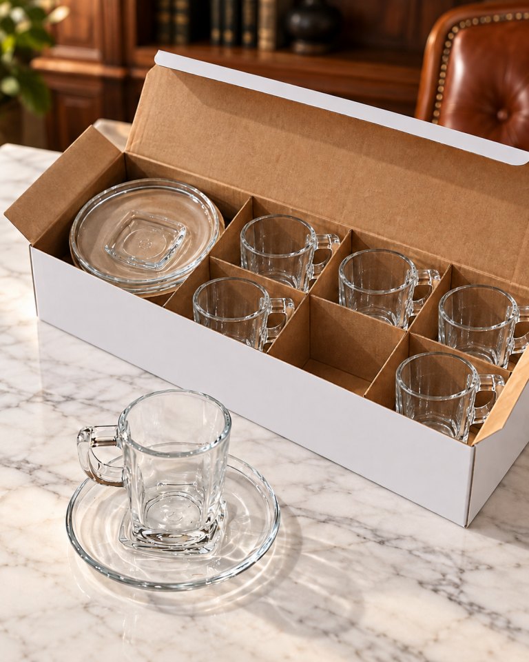 Şeffaf Cam Espresso Fincanı ve Tabağı Seti 6 Kişilik - Kulplu Isıya Dayanıklı