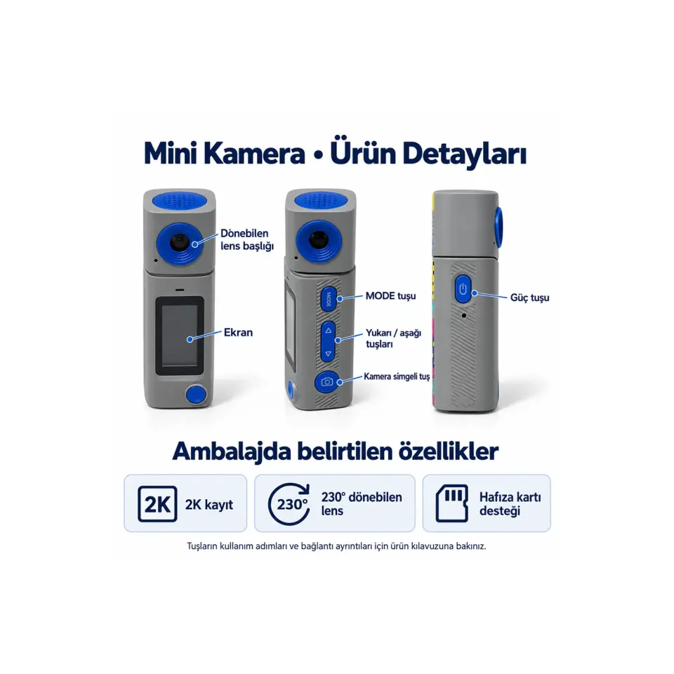 Mini Aksiyon Kamera – 2K Çözünürlüklü Ekranlı Taşınabilir Seyahat Kamerası
