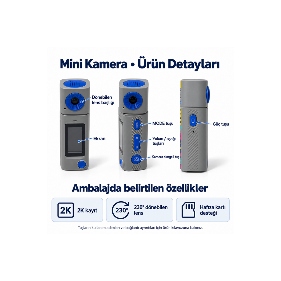 Mini Aksiyon Kamera – 2K Çözünürlüklü Ekranlı Taşınabilir Seyahat Kamerası Gri-Mavi