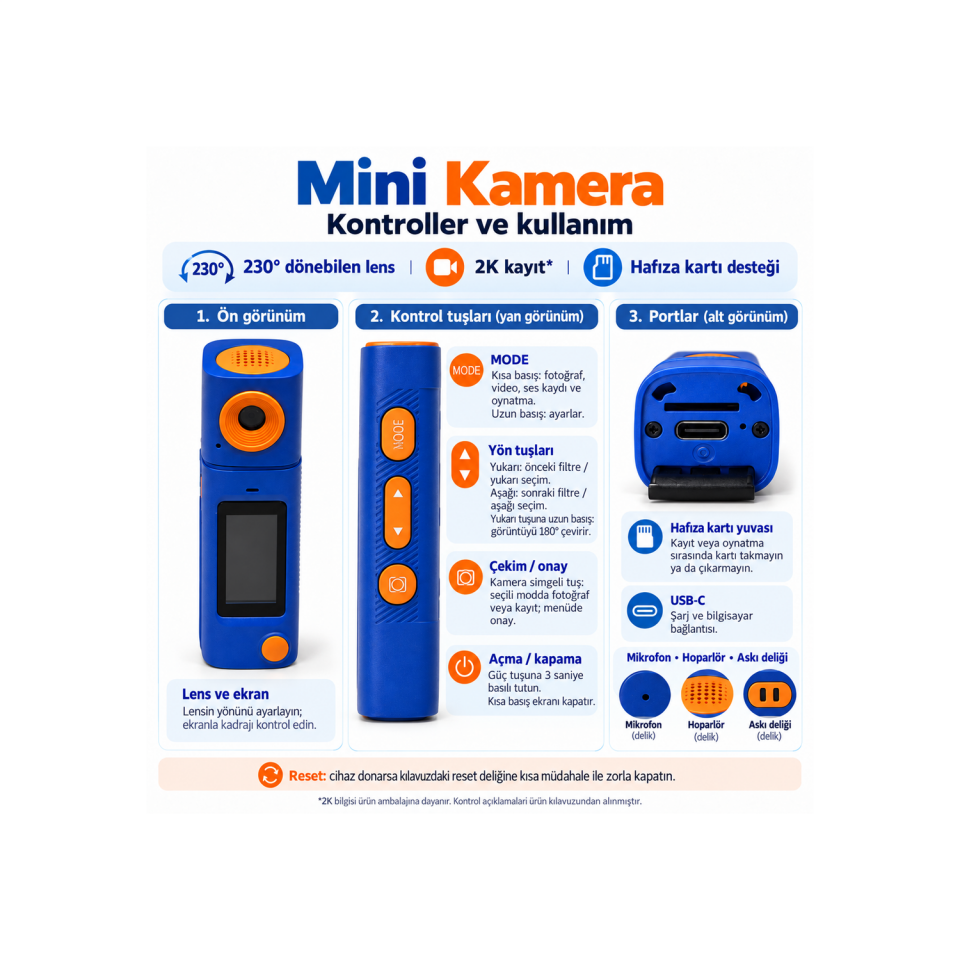 Mini Aksiyon Kamera – 2K Çözünürlüklü Ekranlı Taşınabilir Seyahat Kamerası Mavi-Turuncu