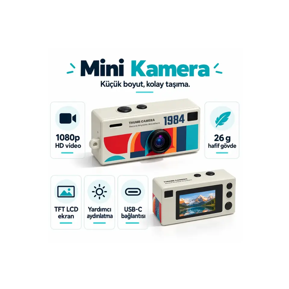 Thumb Camera Retro Mini Kamera – 1080p HD Video, TFT LCD Ekranlı ve 26 g Ultra Hafif Taşınabilir Dijital Kamera