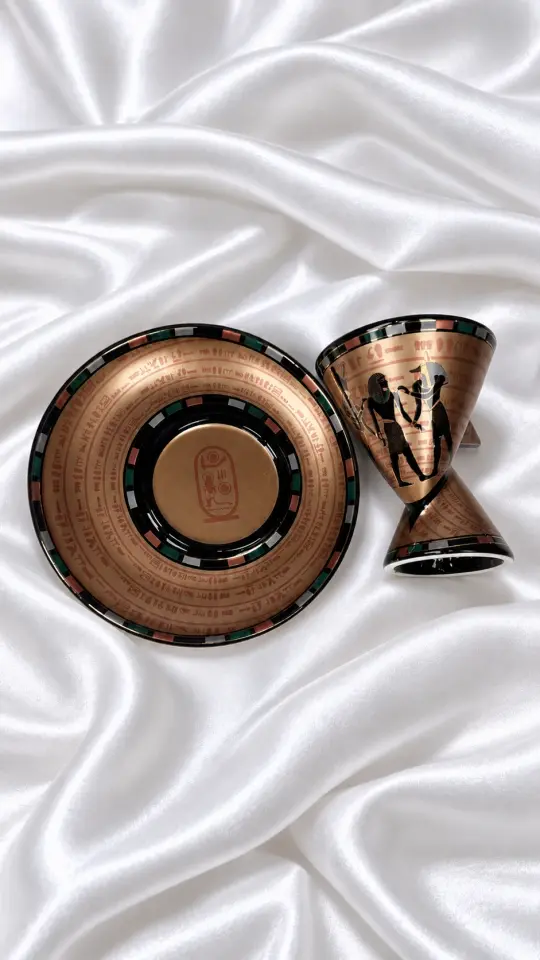 Antik Mısır Firavun Desenli Çift Yönlü Kahve Fincan Seti Gold Siyah Detaylı -  Single Shot Duble Boyutlu